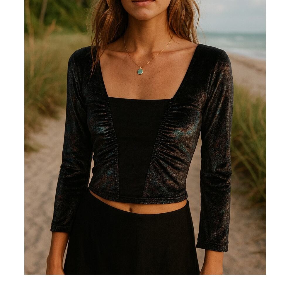 Ecote UO Bianca Black Velvet Paisley Shirred Crop Top XS - Picture 9 of 9